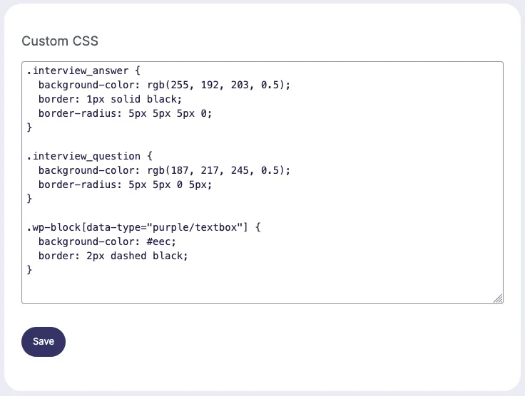 Defining custom CSS for the interview blocks and the textbox nested block
