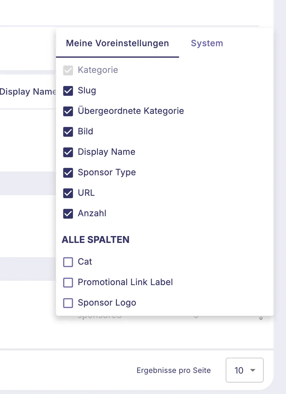Column visibility configurator open showing toggles for available columns