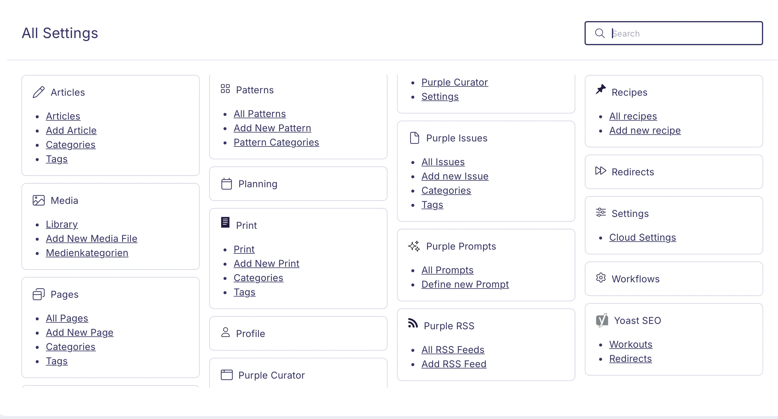 All the items from the sidebar of the old design, are now available under "All settings