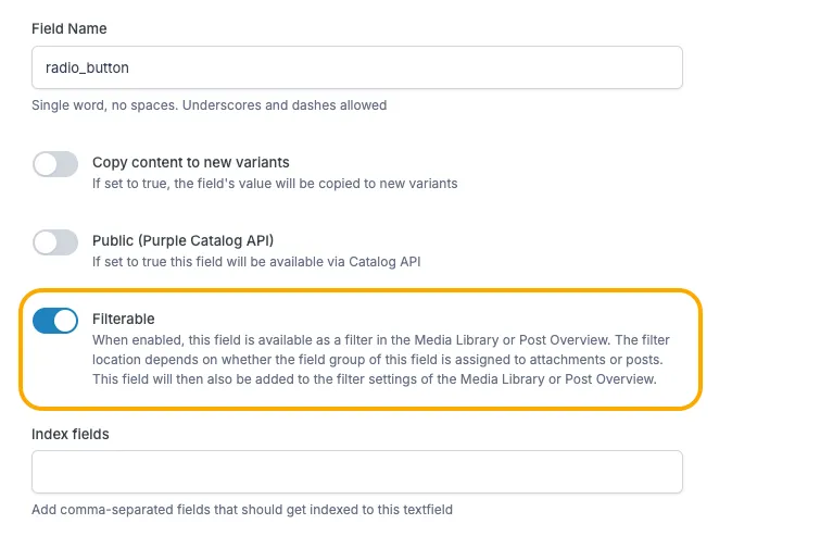 "Filterable" toggle in the field settings