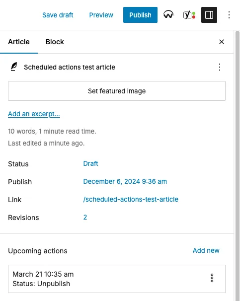Only one configured unpublish action, with an article that has a publish date in the past. Only one configured unpublish action, with an article that has a publish date in the past.