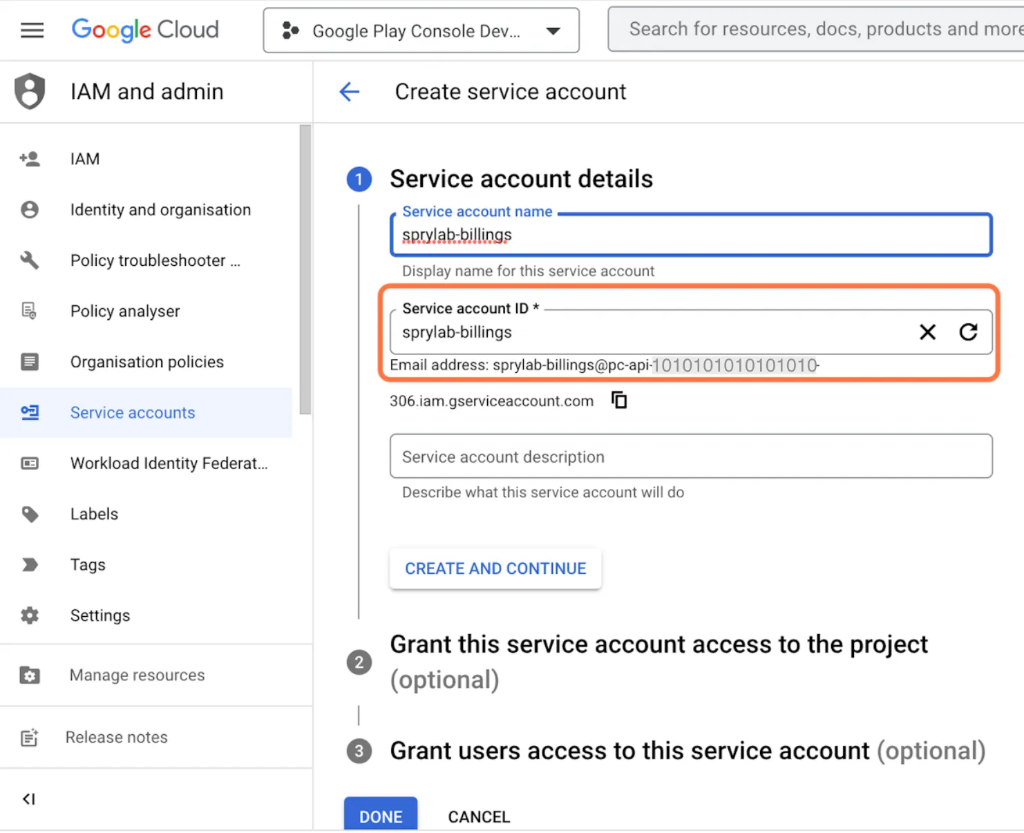 Below 'Service account ID' type the desired ID for your service account