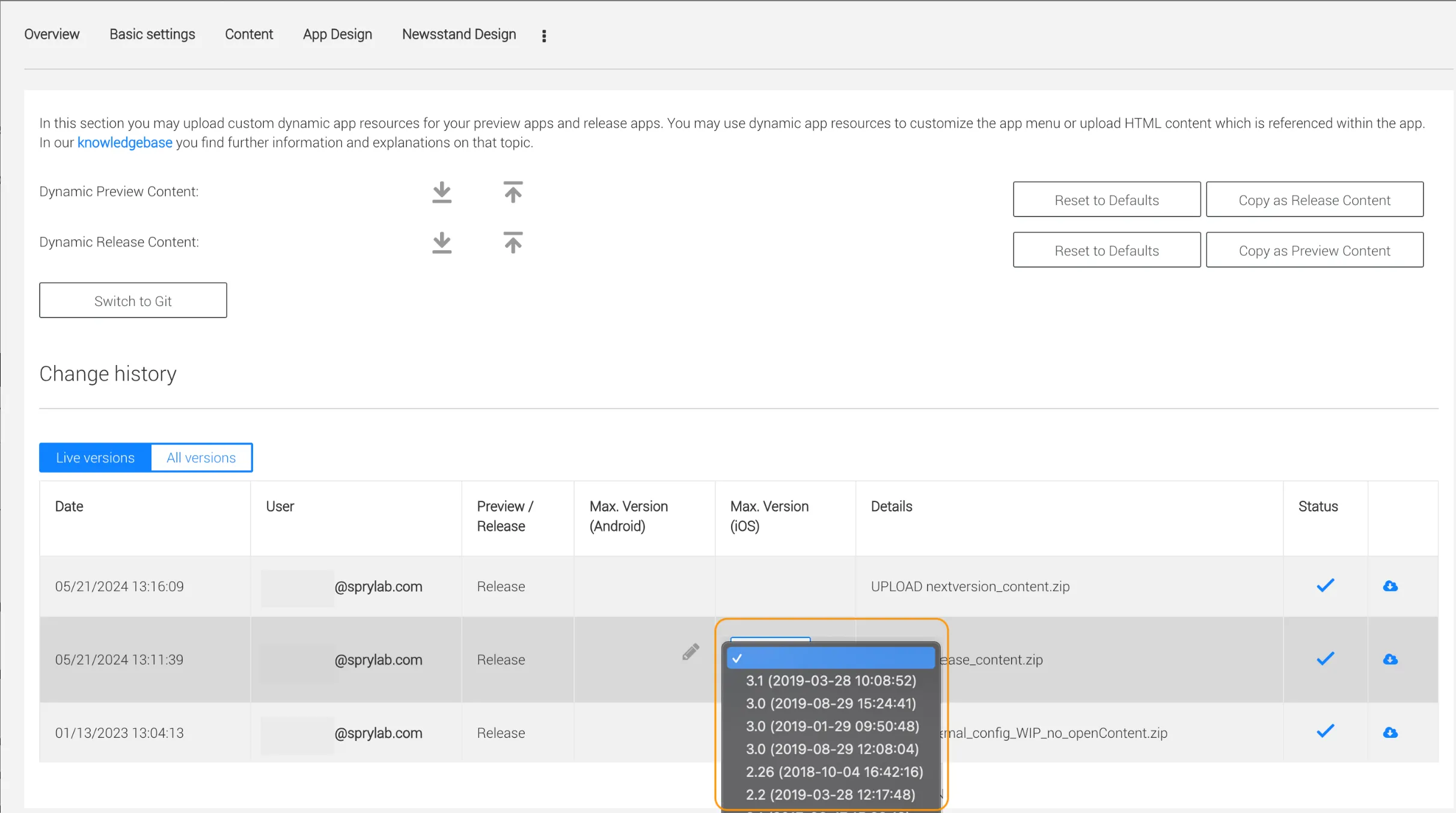 Change history in Dynamic Content Section in Purple Manager