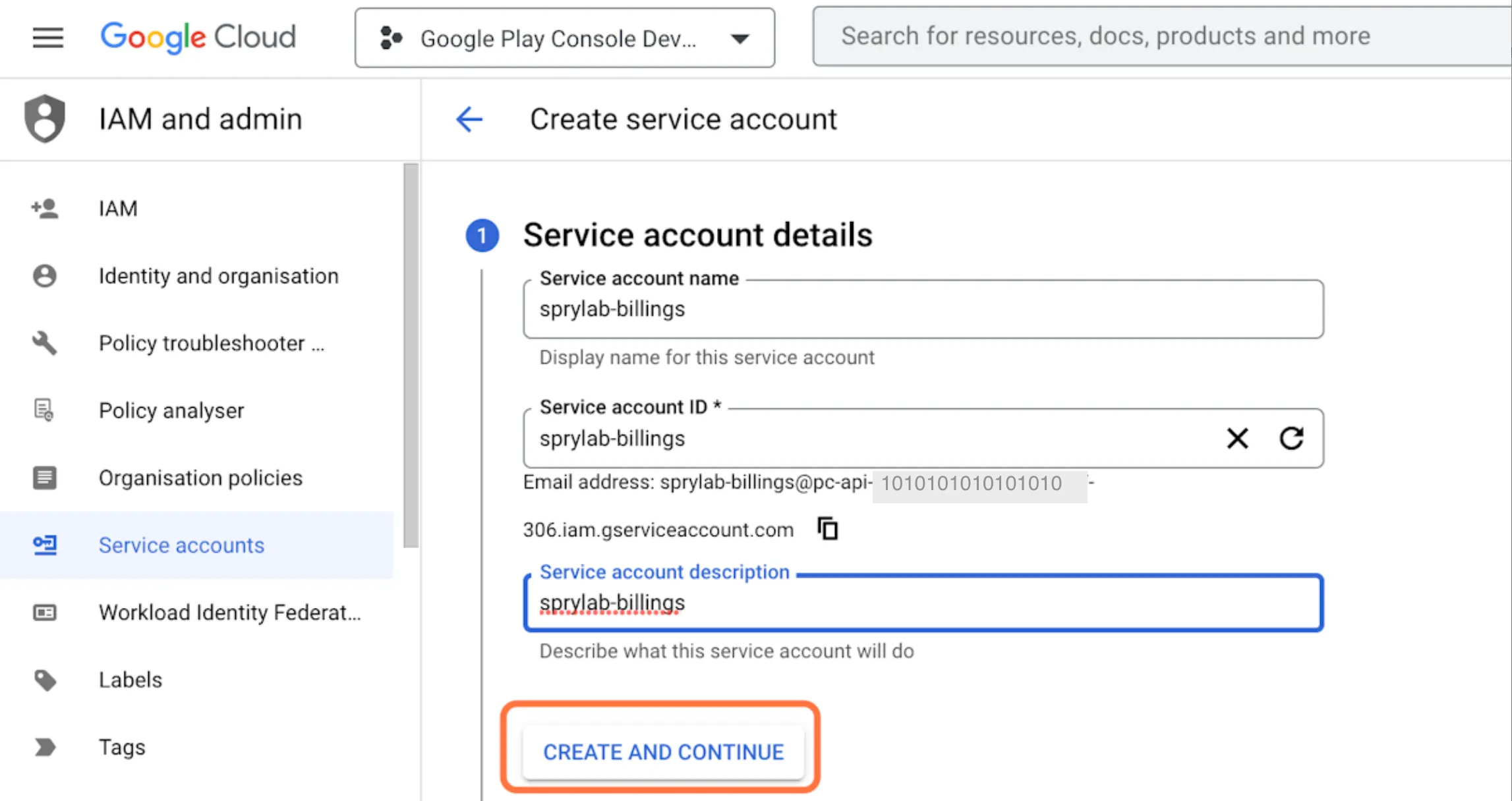 Click on 'Create and continue'