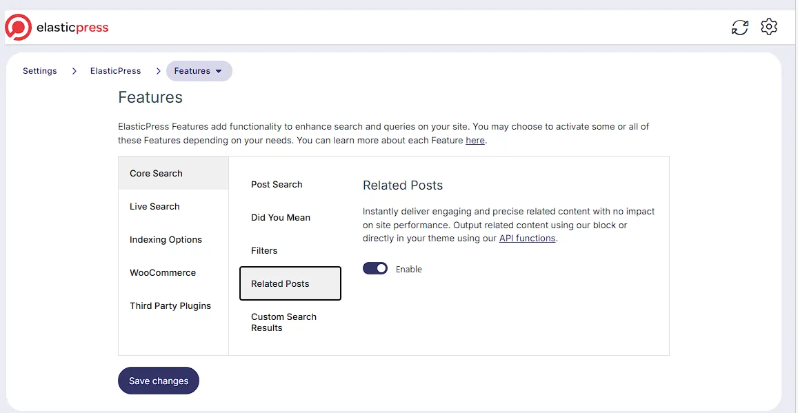 Elasticpress Plugin Settings screen showing where to configure the related posts feature
