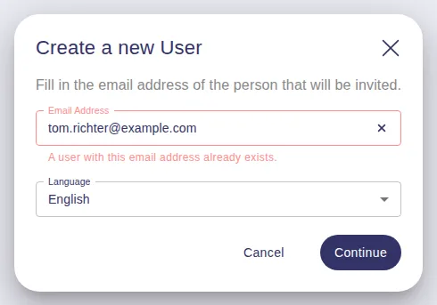 Error for an email address that already exists