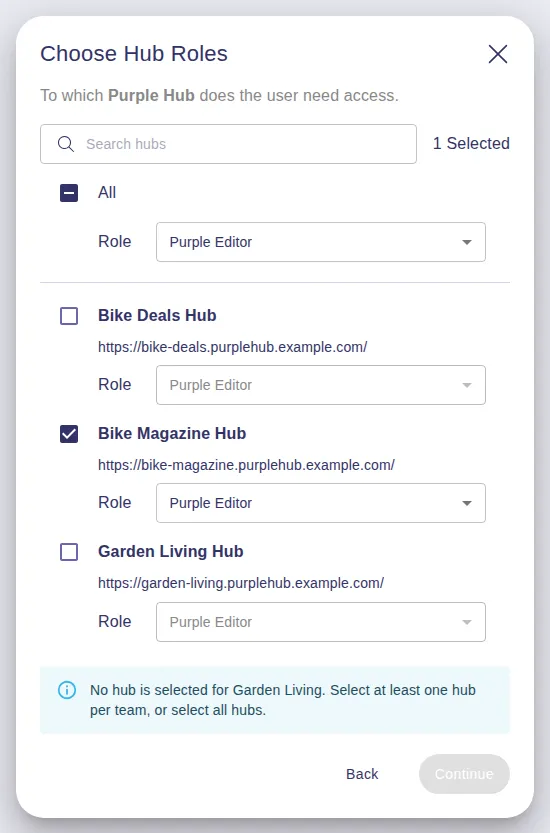 A team without a selected Purple Hub