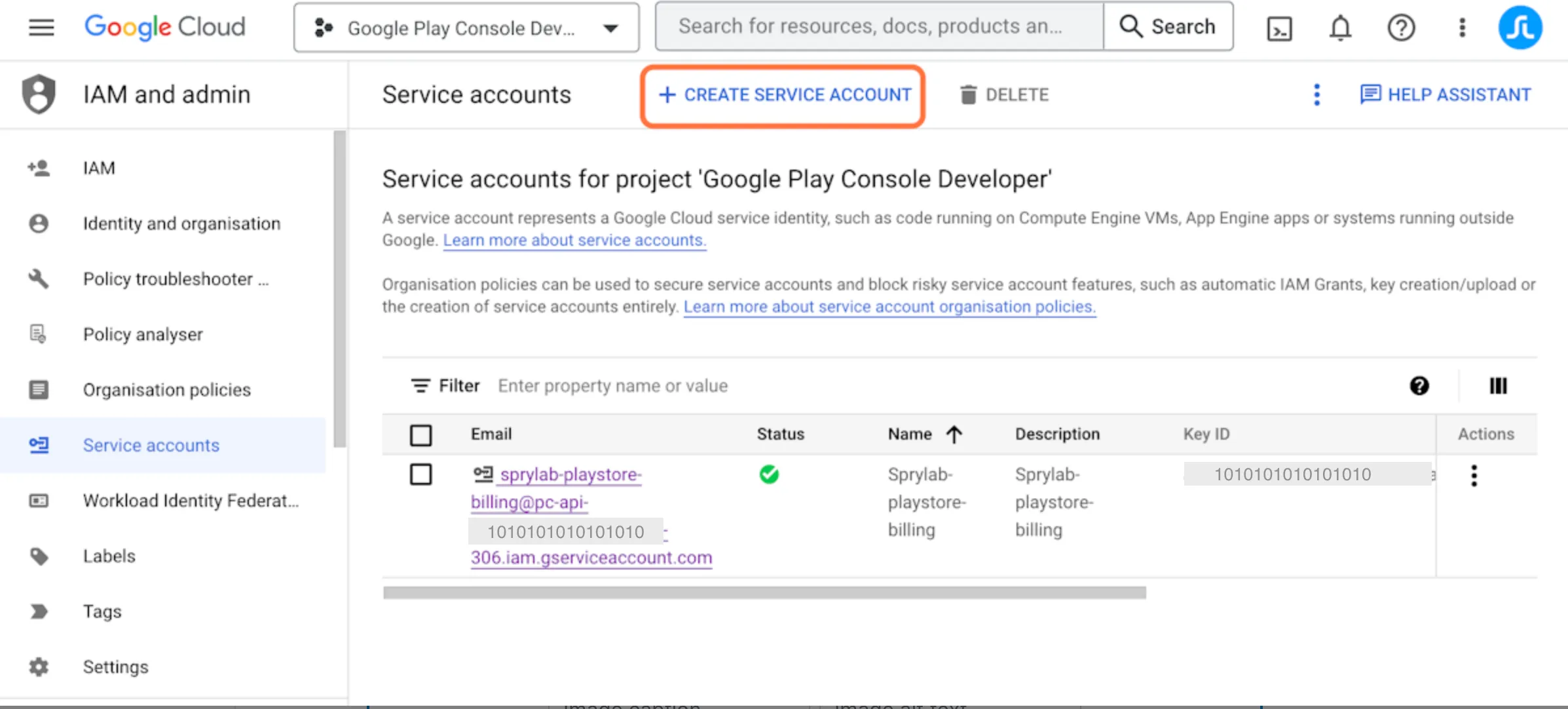 Click on 'Create Service Account'                   Size 100x    Image Caption Image alt text
