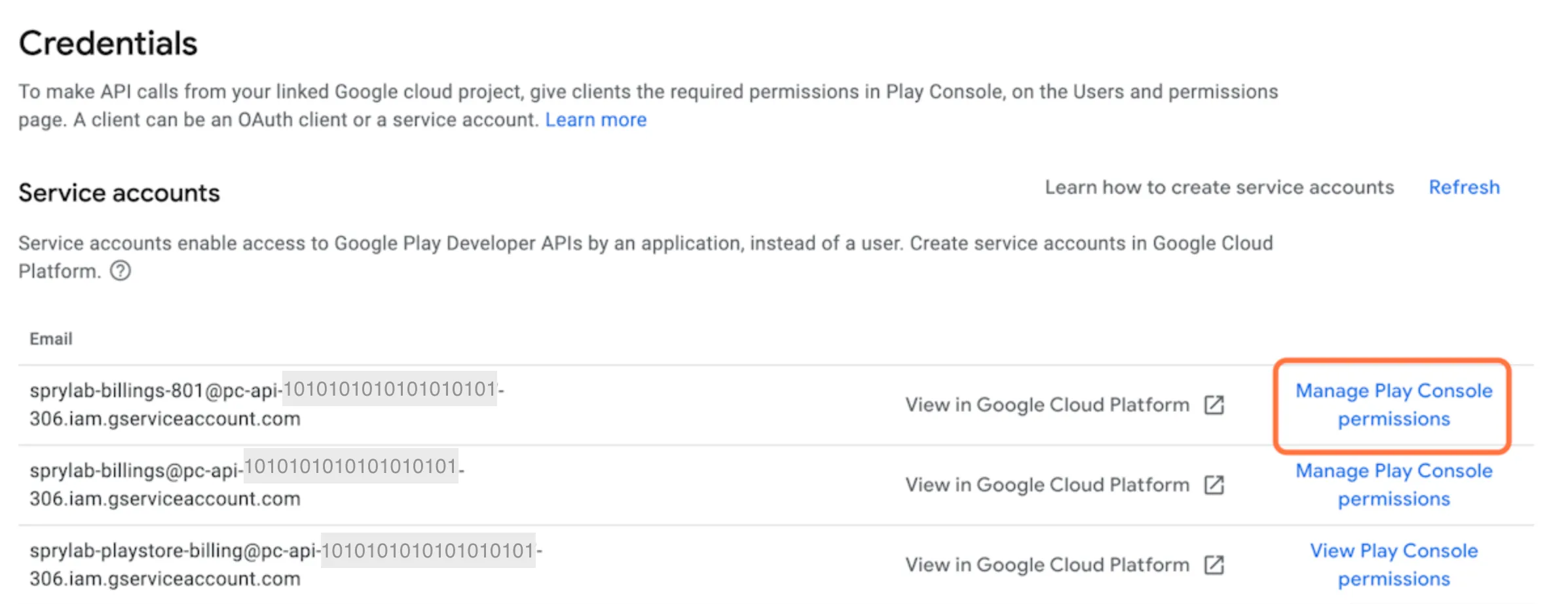 choose the desired service account in the list and click on 'Manage Play Console permissions'                    Size 100x    Image Caption Image alt text