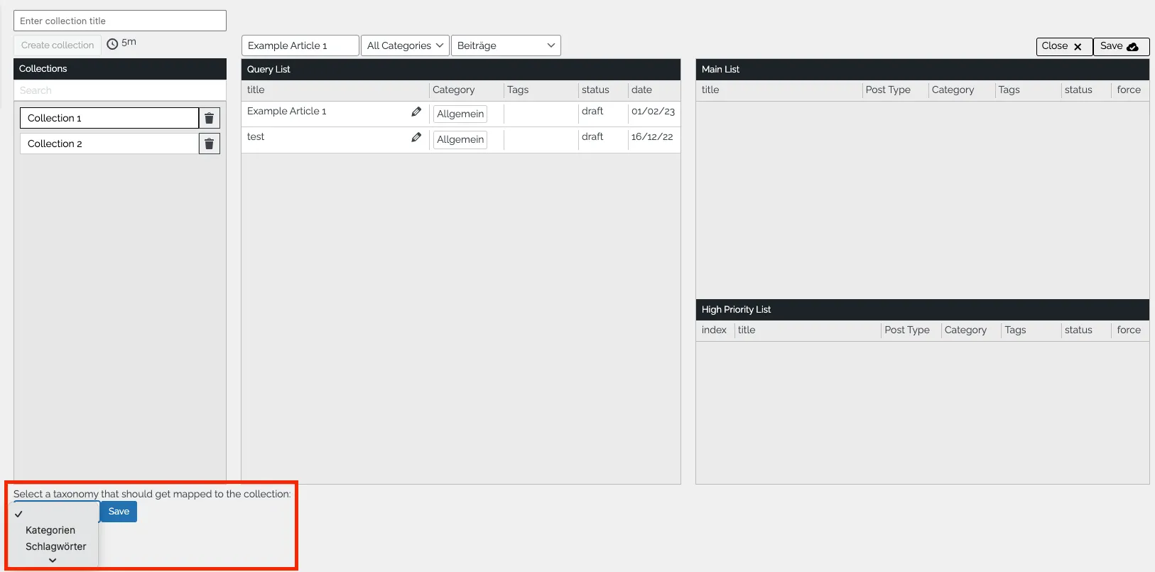 The "taxonomies" dropdwon