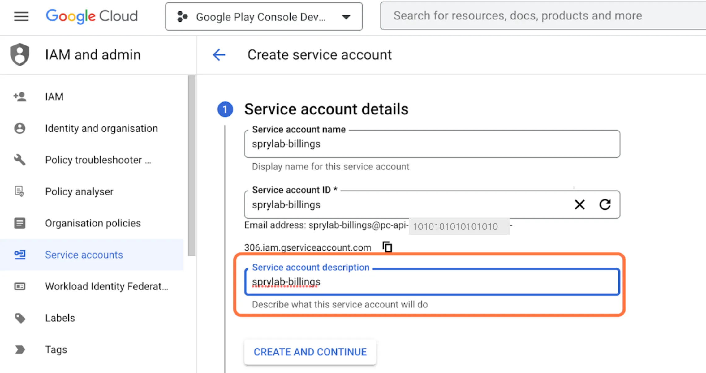 Below 'Service account descriptions' put a text which is describing what the service account will do