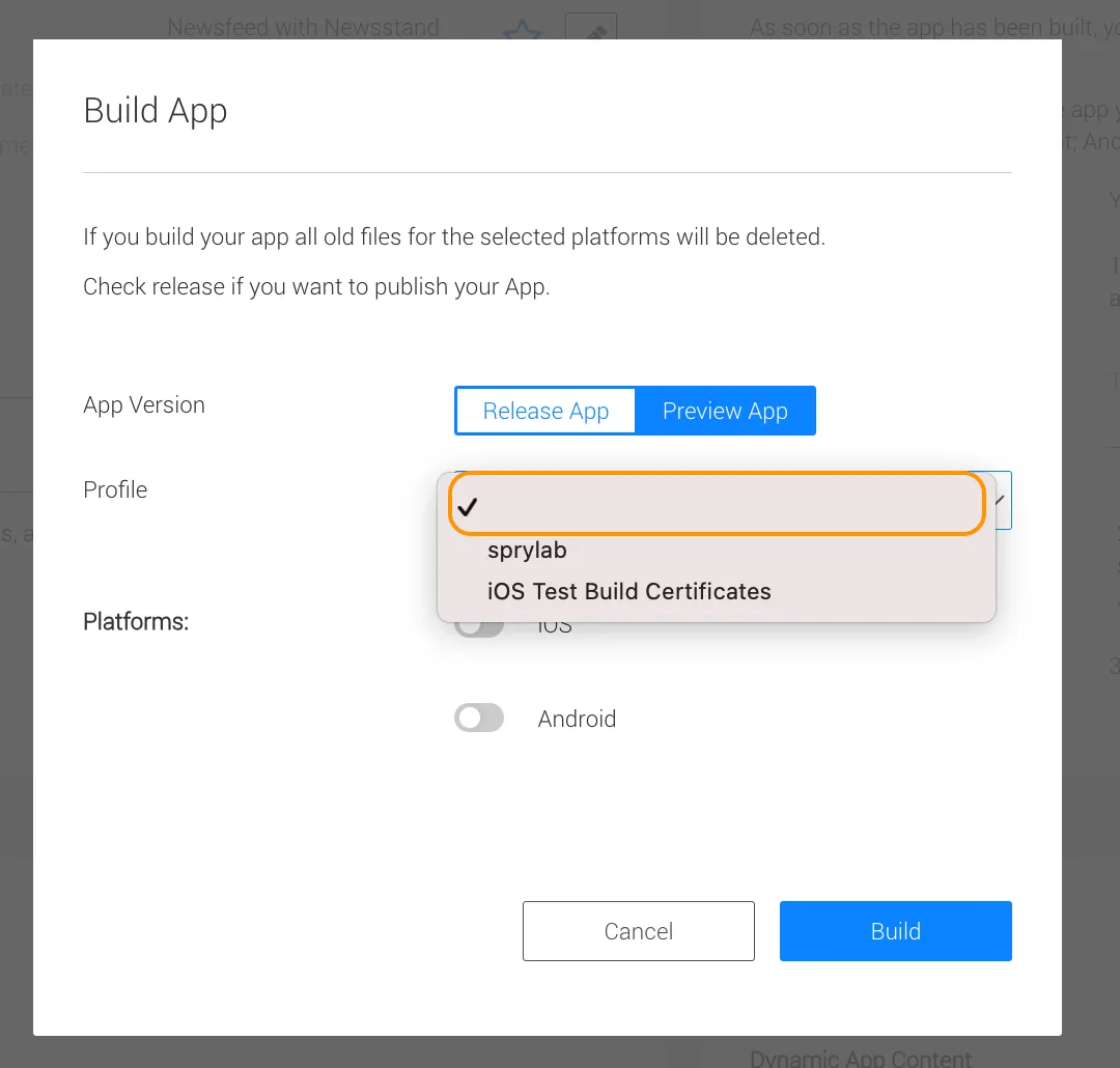Build App dialogue in Purple Manager