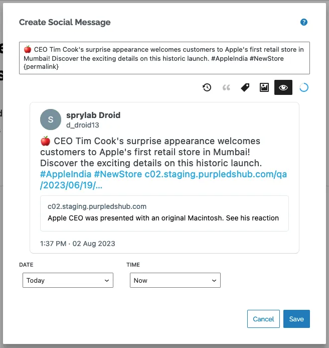 Nelio Social Message Dialog