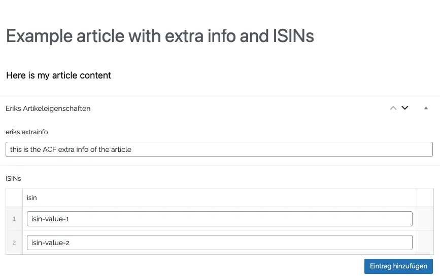 Article with custom field values