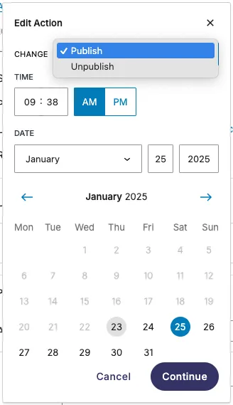 Adding a new scheduled action: Users can choose the type of action, and the exact date and time it should happen. Adding a new scheduled action: Users can choose the type of action, and the exact date and time it should happen.