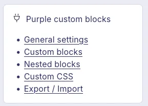 The available settings for the Purple custom blocks plugin