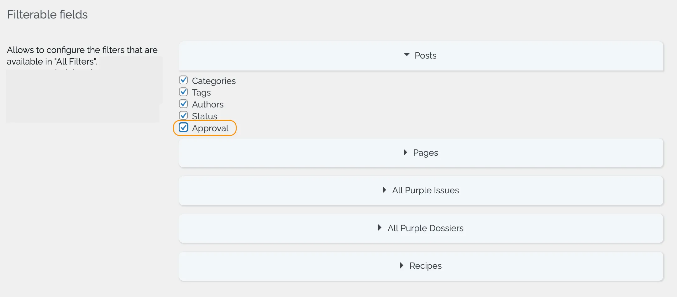 Filterable Fields Configuration