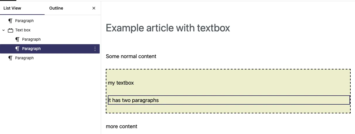 The textbox block in the editor, with our custom CSS applied