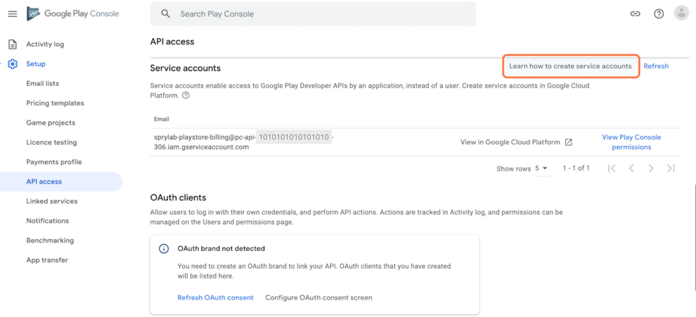 Click on 'Learn how to create service accounts'