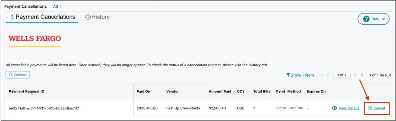 Select Cancel for the payment to be cancelled