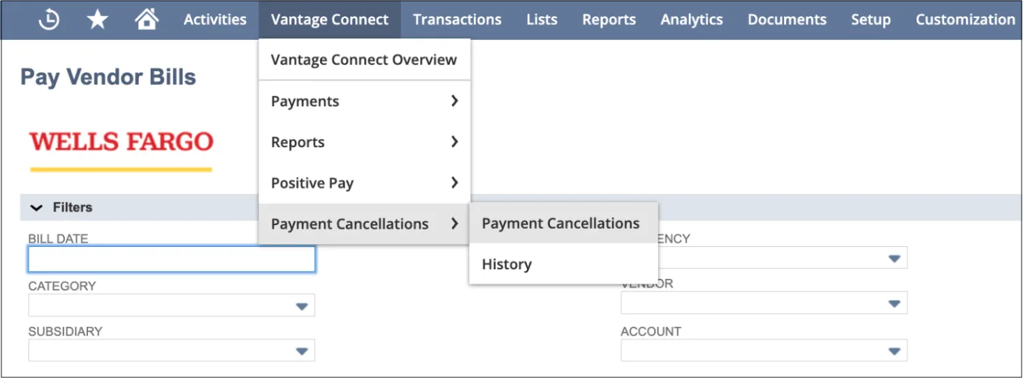 NetSuite - Vantage Connect - Payment Cancellations