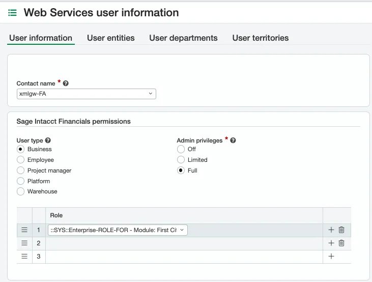 Web Services User Infomration - Roles information tab