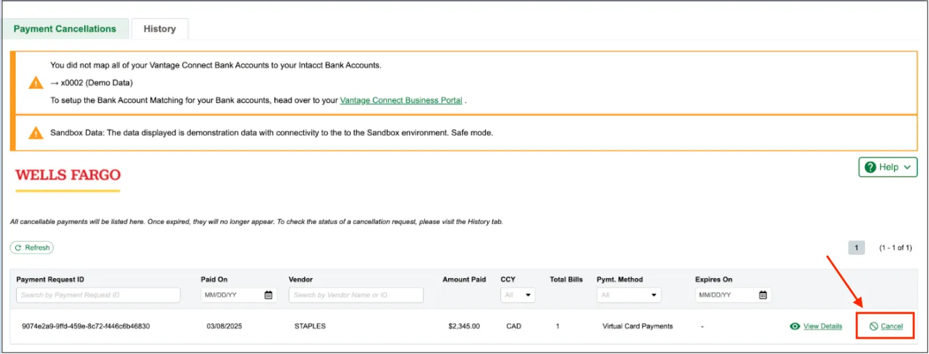Select Cancel for the payment to be cancelled