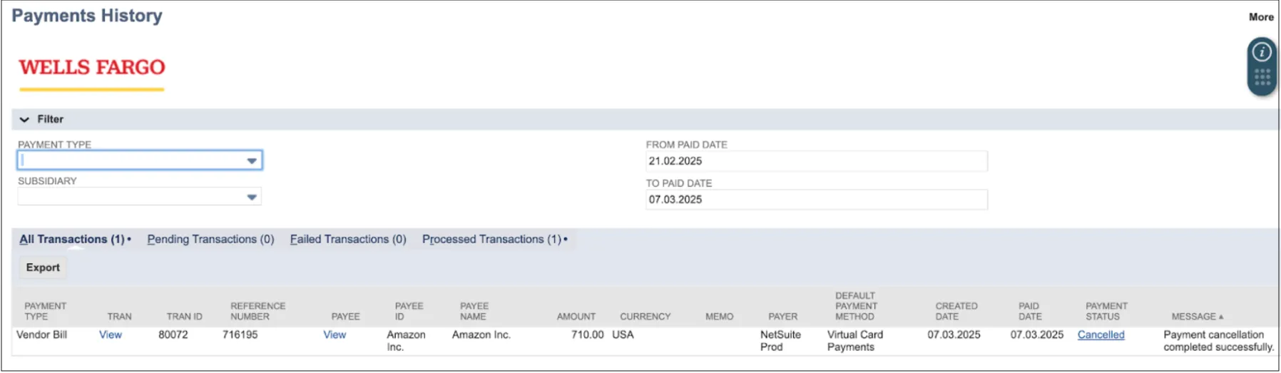 Payments History page