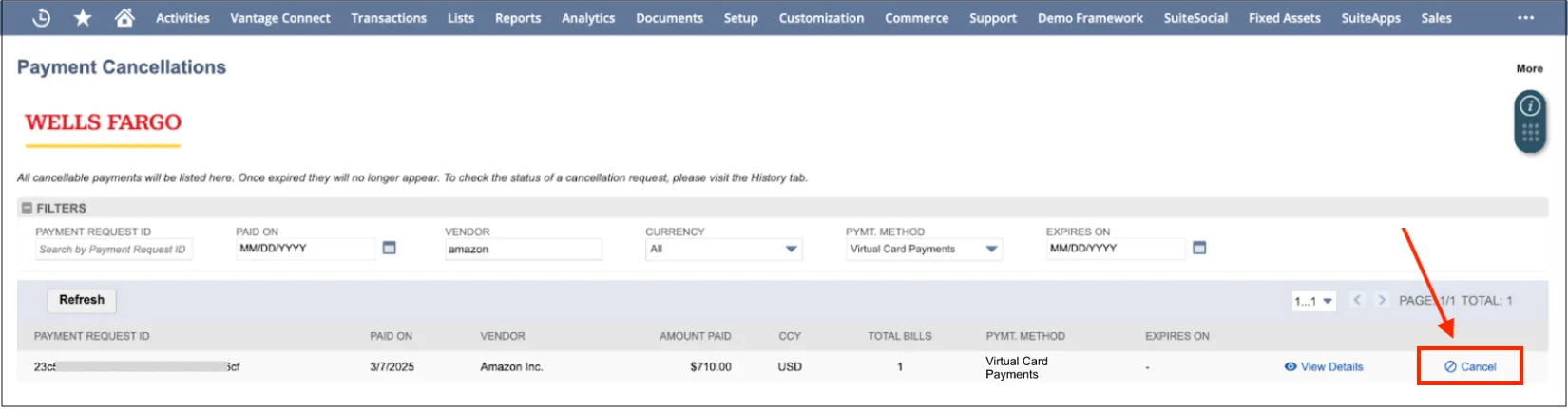 List of cancellable payments