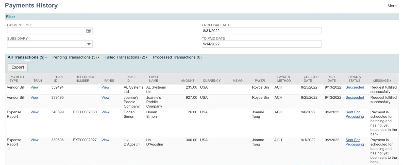 Payments History page Payments History page
