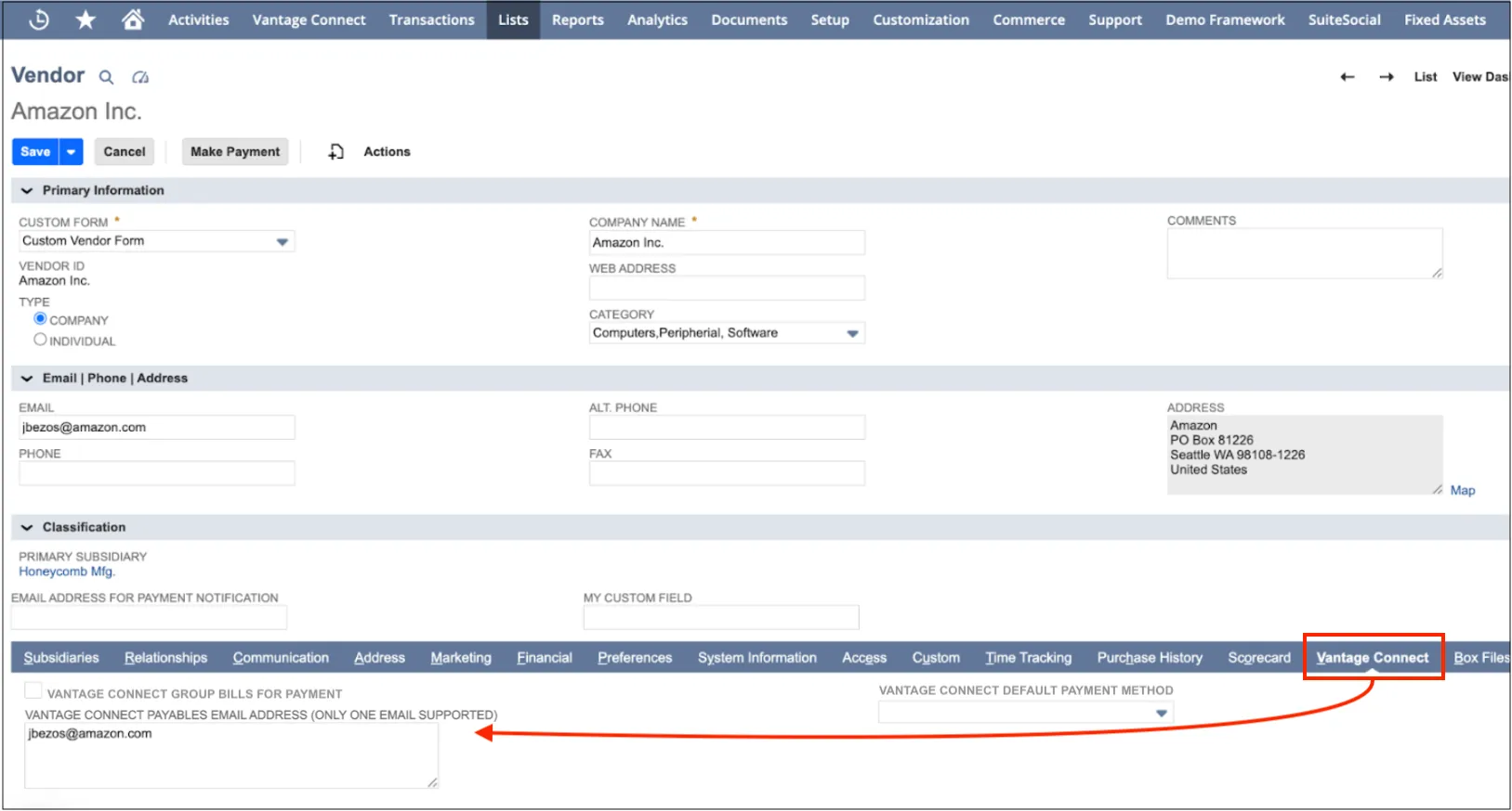 NetSuite Vendor Details - Vantage Connect tab