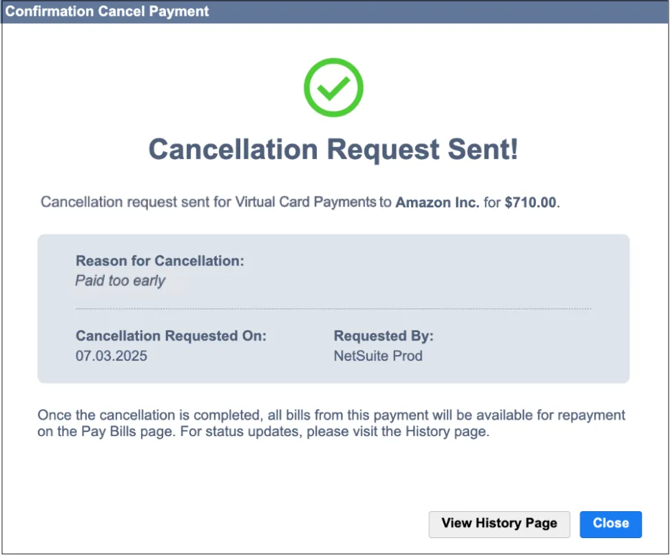 Confirmation message - Cancellation Request Sent
