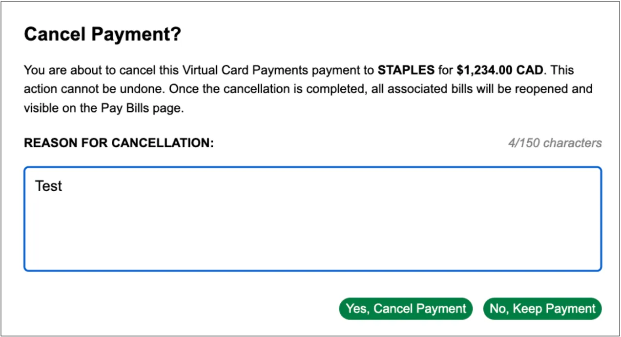 Enter the reason for cancelling and select Yes, Cancel Payment