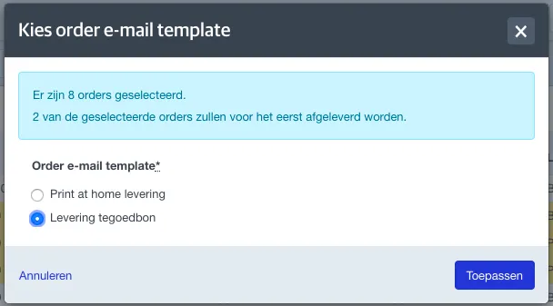 Een voorbeeld overzicht van de beschikbare ordermails die je kan sturen. Een voorbeeld overzicht van de beschikbare ordermails die je kan sturen.