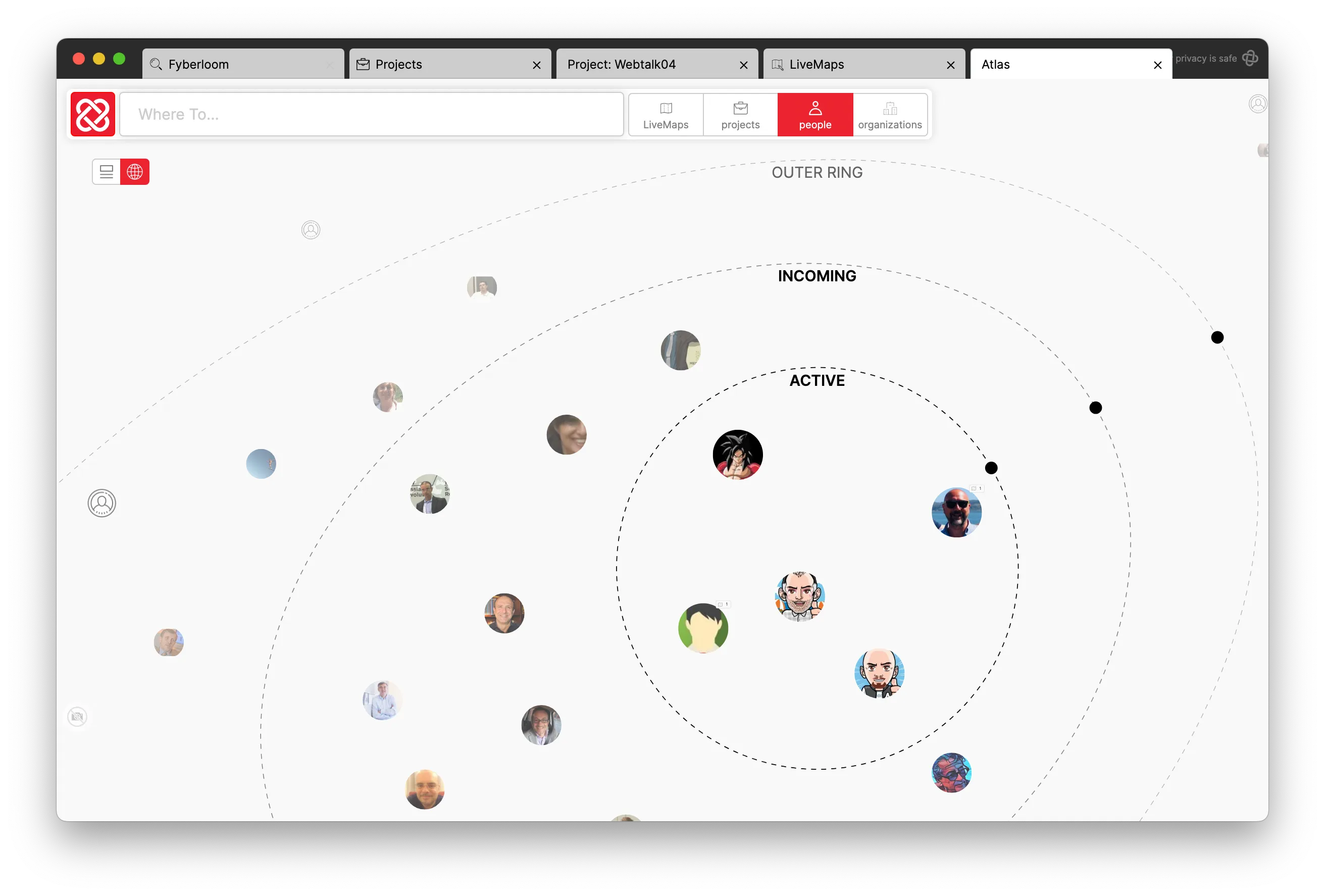 Atlas view with "people" option selected, showing the most relevant people in the innermost circle. Atlas view with "people" option selected, showing the most relevant people in the innermost circle.