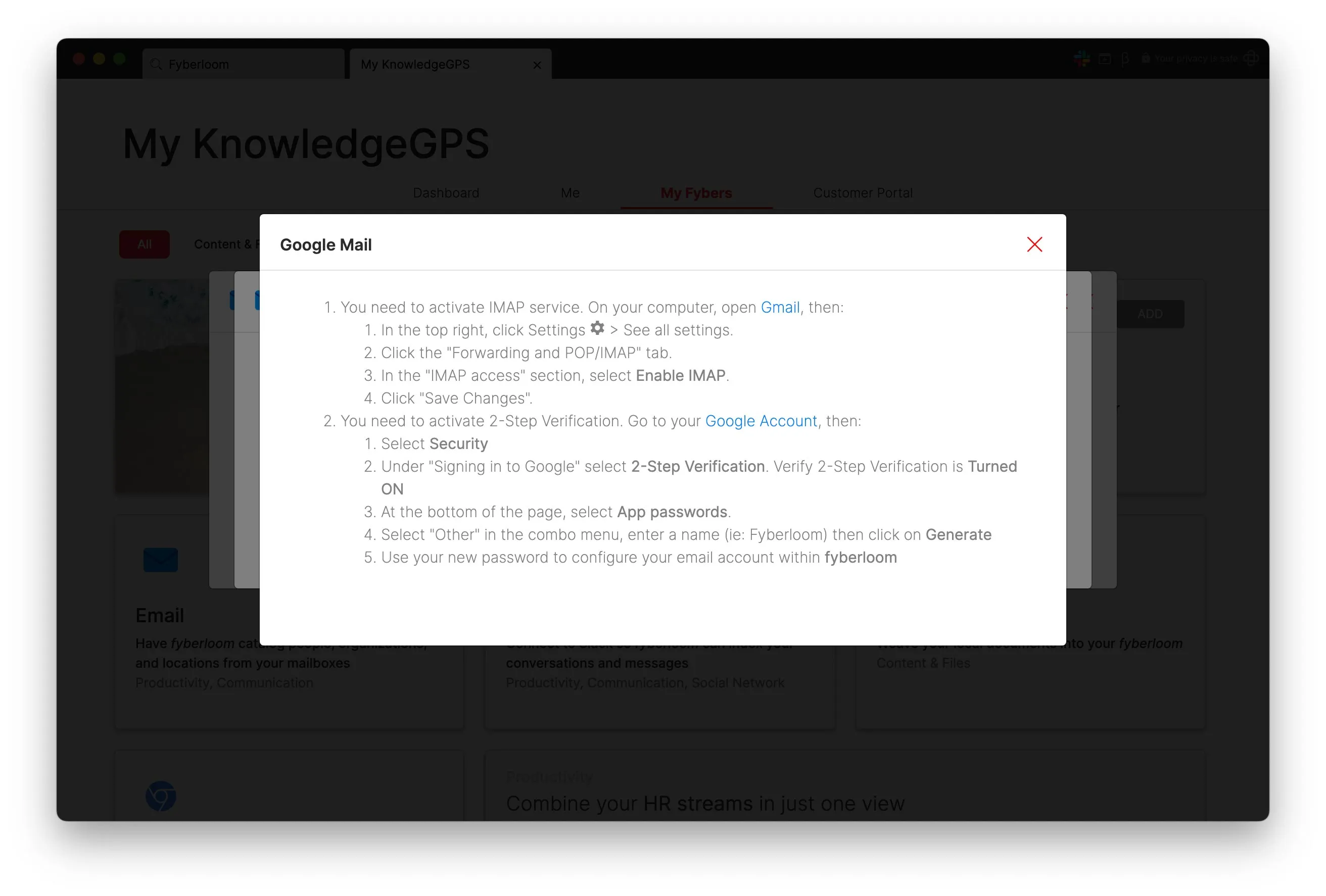 List of instructions for connecting fyberloom to your Gmail account. List of instructions for connecting fyberloom to your Gmail account.