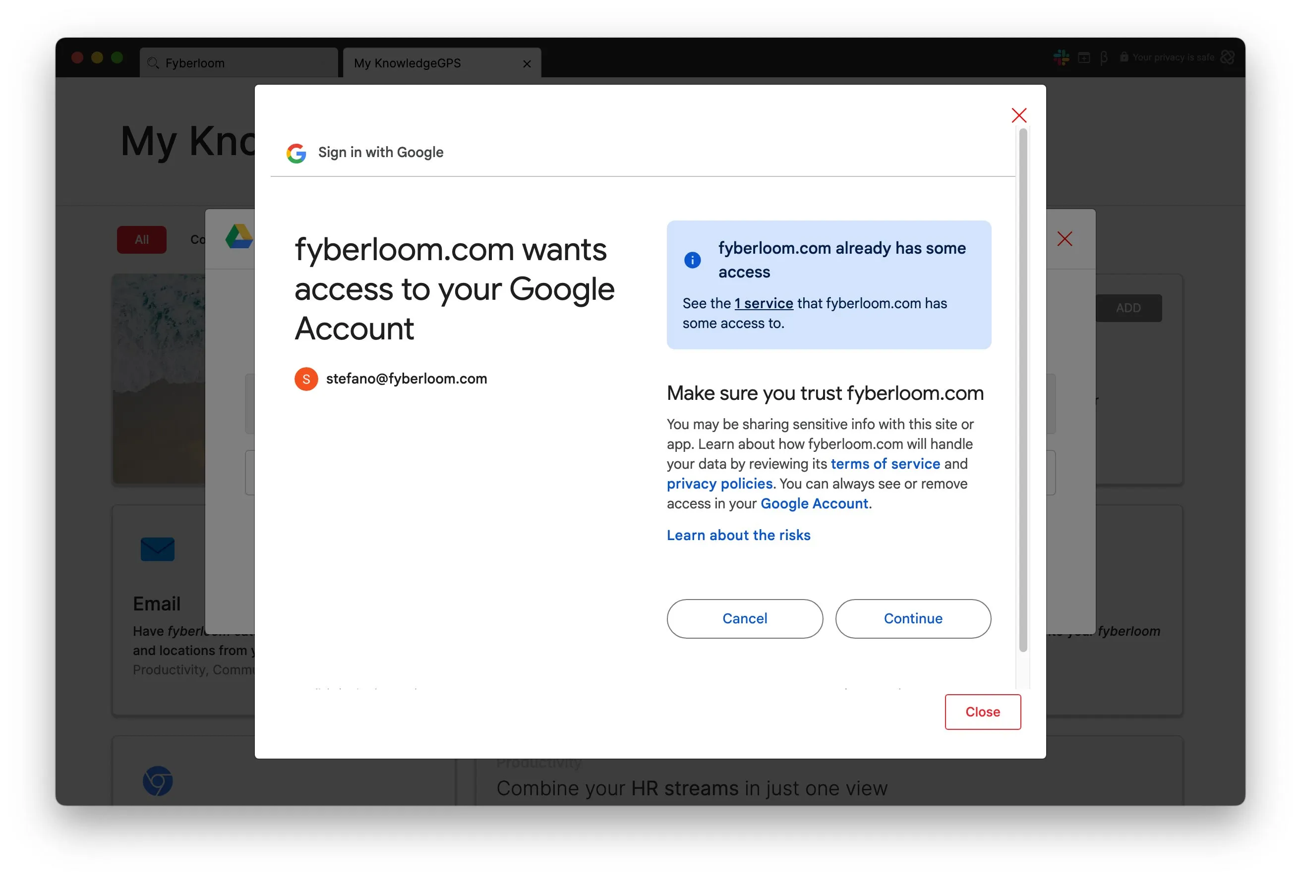 Fyberloom requesting access to your Google Account with "Cancel" and "Continue" options. Fyberloom requesting access to your Google Account with "Cancel" and "Continue" options.