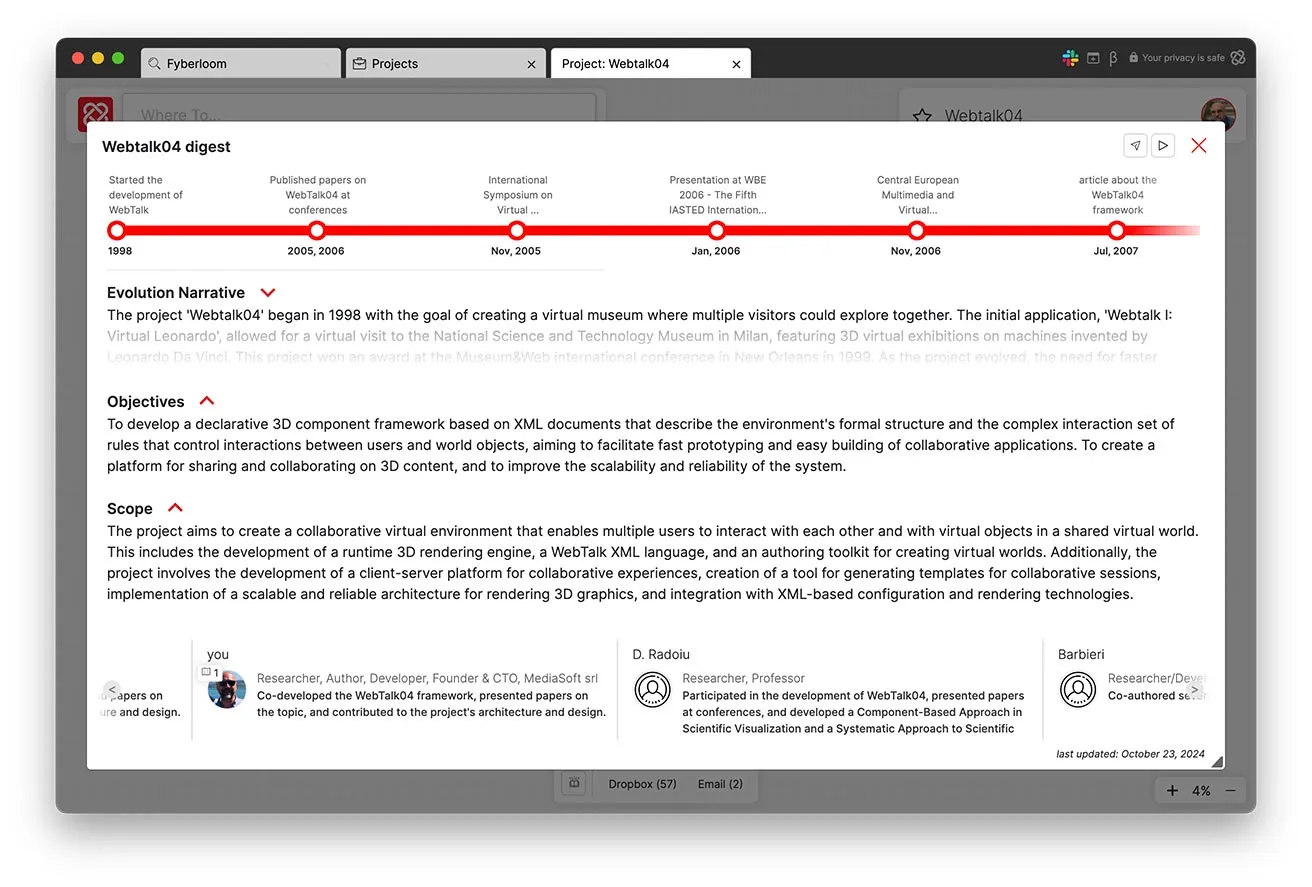 Overview of example project titled "Webtalk04 digest" and displaying a timeline, summary or Evolution Narrative, project objectives, scope, and information about the project participants.