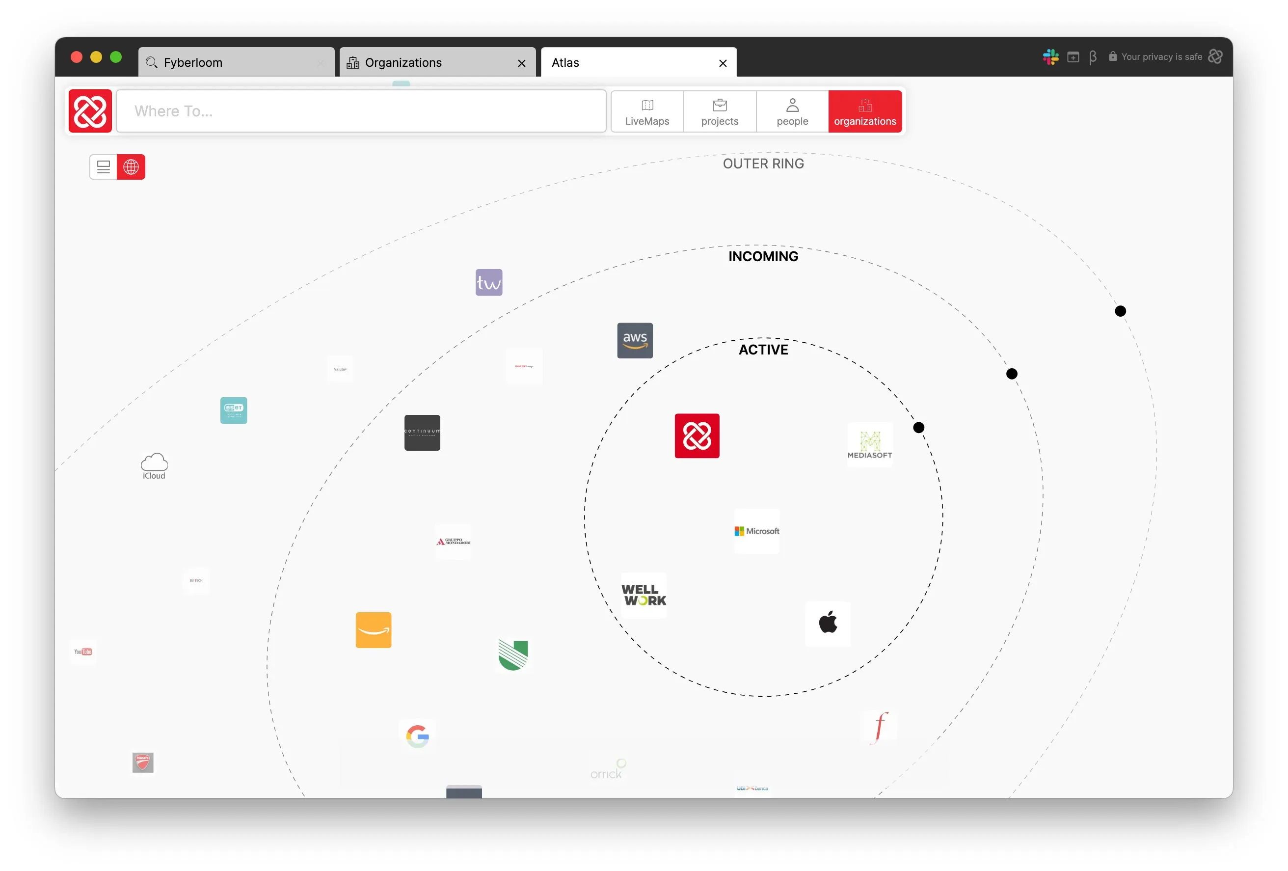 Use the Atlas and select the "organizations" filter to see the most relevant organizations.