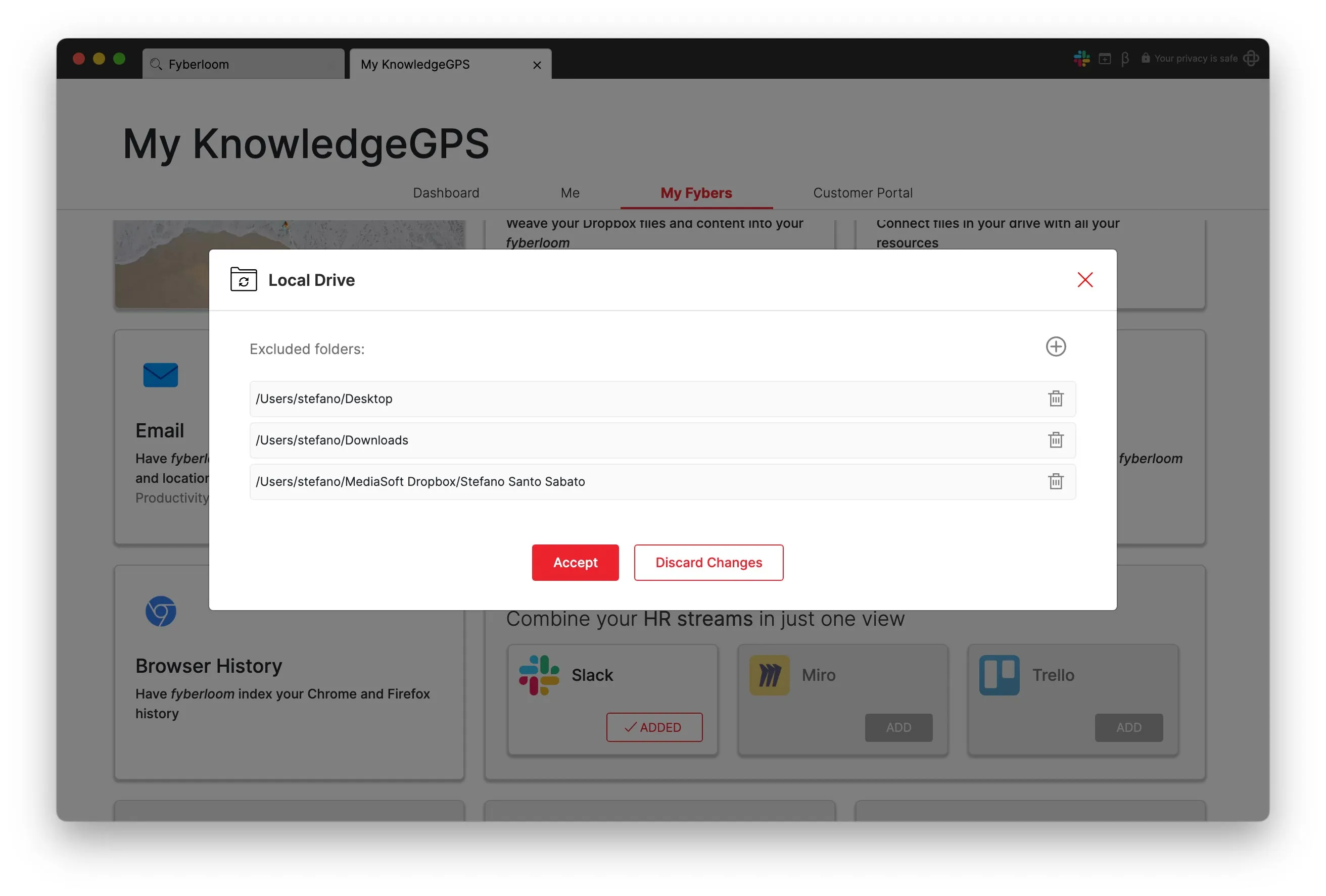 Pop-up window labeled "Local Drive" where local folders can be added to the list of folders to be excluded.