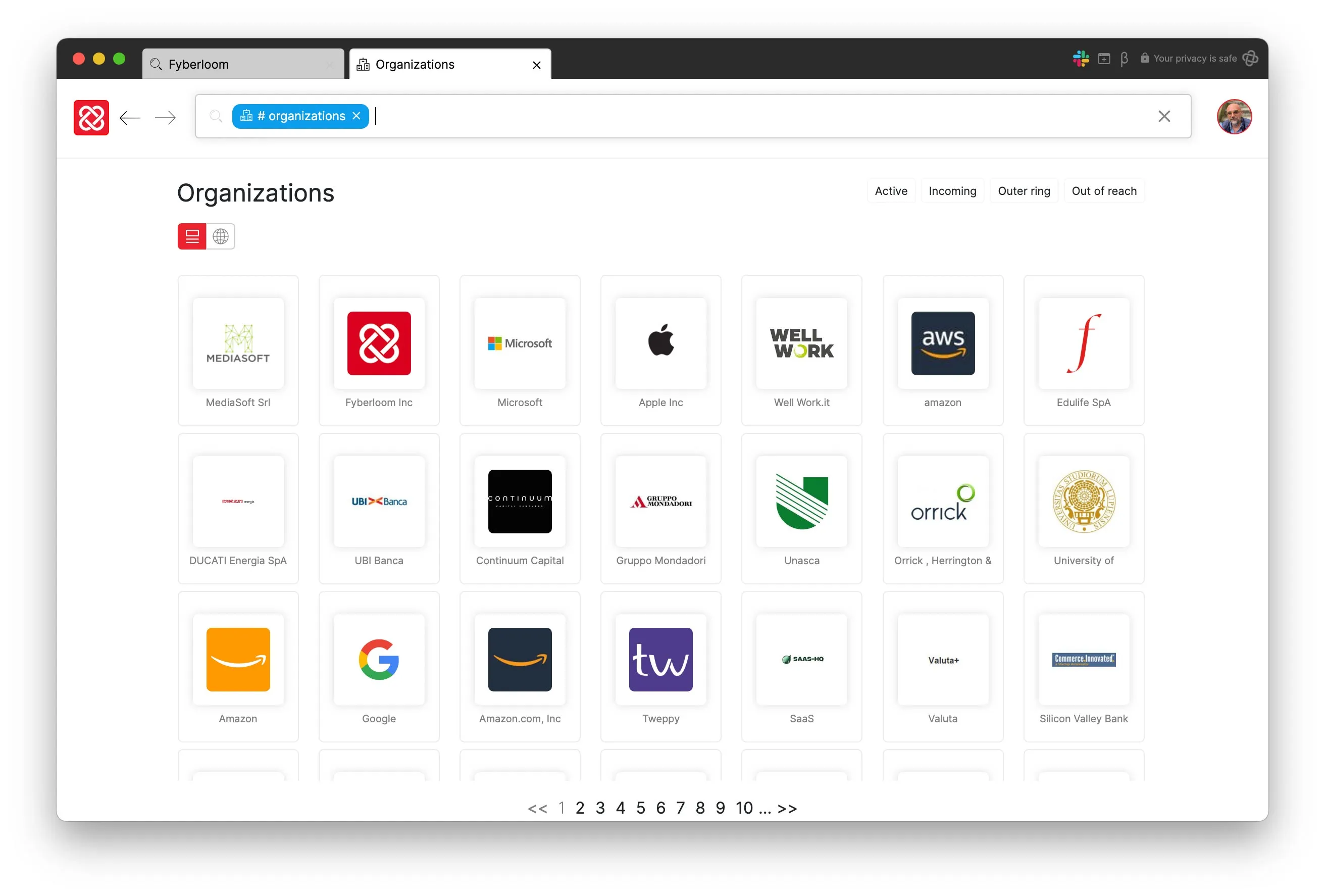 List of organizations listed in chronological order, the most recently interacted with being on the first pages.