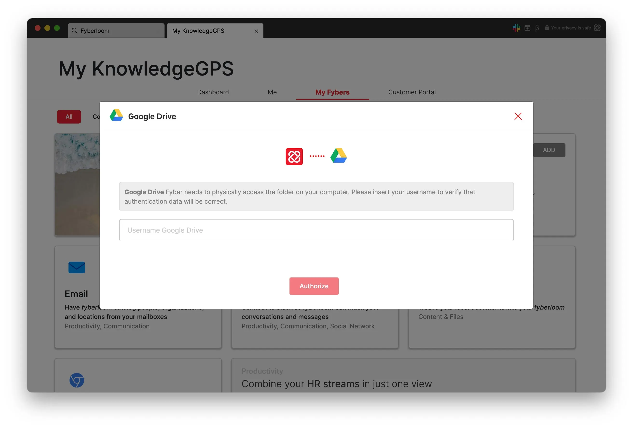 Pop-up window labeled "Google Drive" where you may add your account to fyberloom. Pop-up window labeled "Google Drive" where you may add your account to fyberloom.