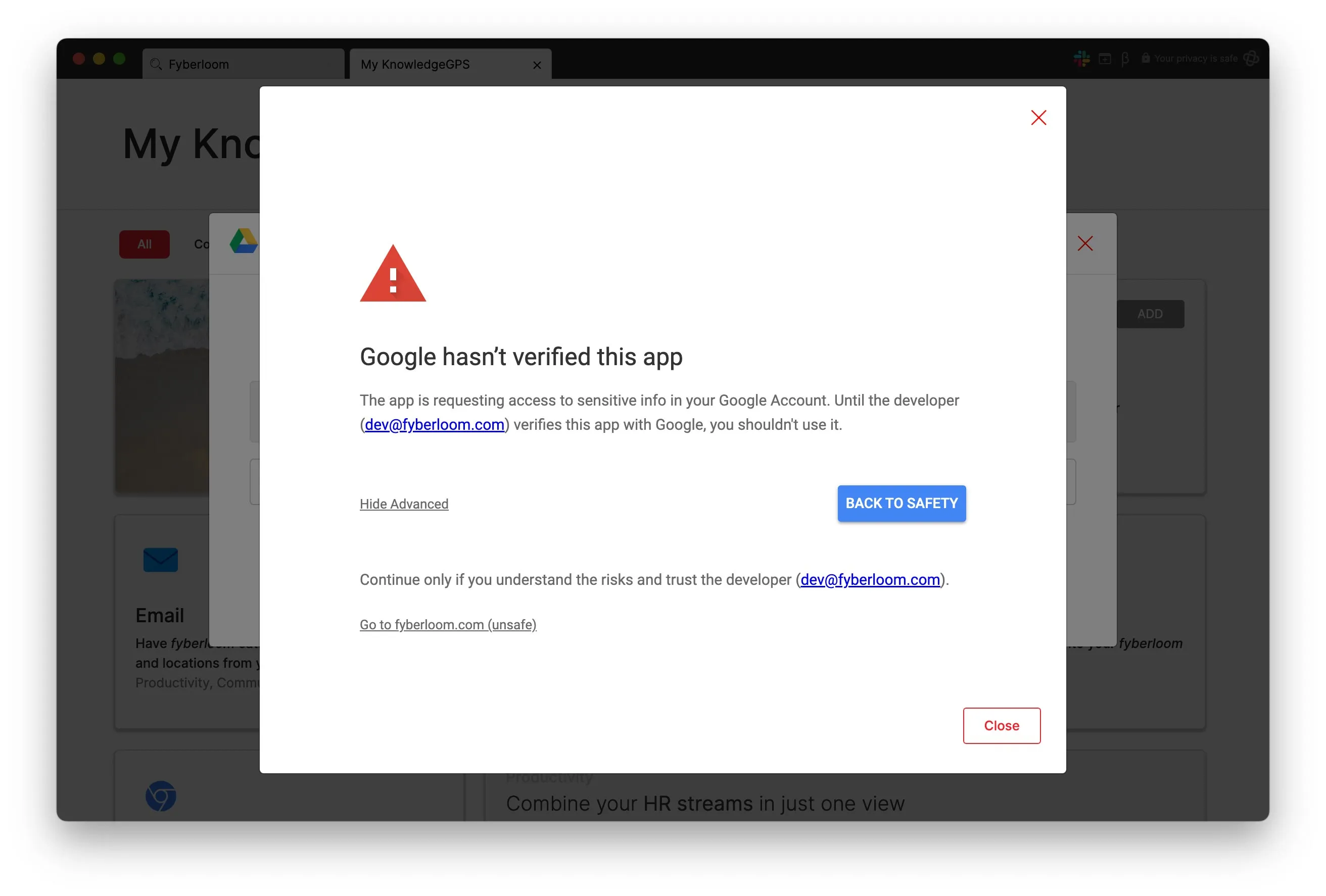 A warning from Google letting users know that fyberloom still has to complete the Google verification process. A warning from Google letting users know that fyberloom still has to complete the Google verification process.